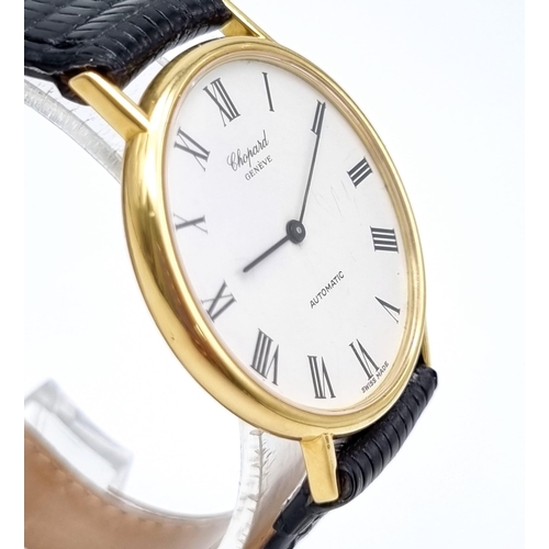 250 - A Chopard 18k Gold Cased Automatic Gents Watch. Black leather strap. Gold case - 33mm. White dial. I... 