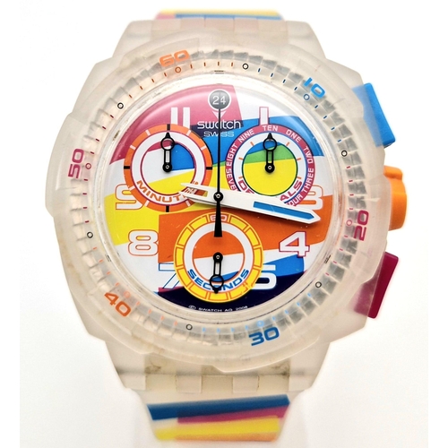 322 - A Swatch Summer Curves Chronograph Watch. Multi-coloured strap and case. In good condition and worki... 