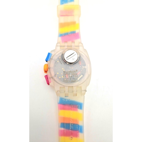 322 - A Swatch Summer Curves Chronograph Watch. Multi-coloured strap and case. In good condition and worki... 