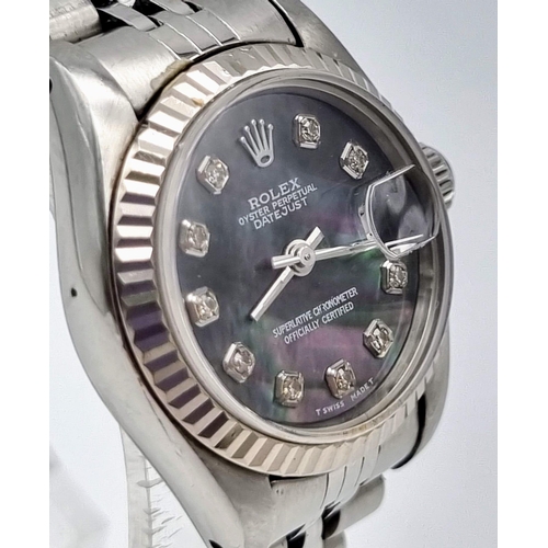 36 - A Mother of Pearl Dial Rolex Oyster Perpetual Datejust Ladies Watch. Stainless steel strap and case ... 