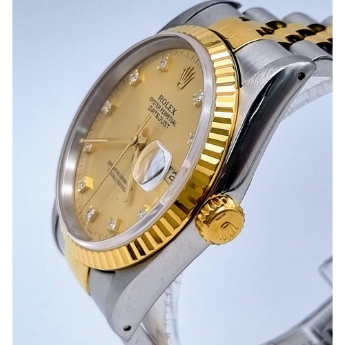 116 - A ROLEX OYSTER PERPETUAL DATEJUST IN BI-METAL WITH DIAMOND NUMERAL AND GOLDTONE FACE. Case - 36mm
co... 