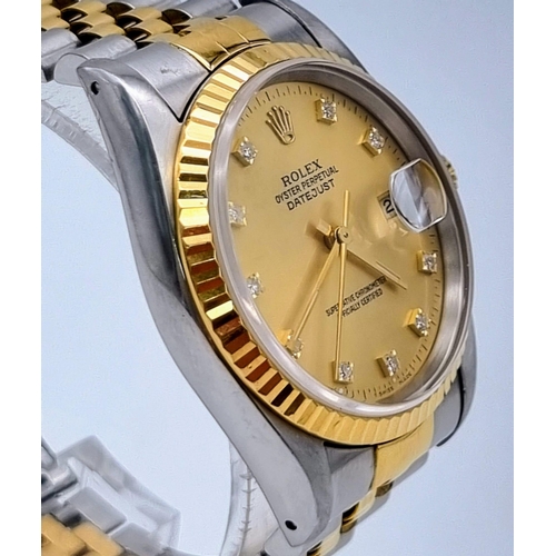 116 - A ROLEX OYSTER PERPETUAL DATEJUST IN BI-METAL WITH DIAMOND NUMERAL AND GOLDTONE FACE. Case - 36mm
co... 