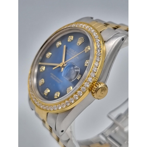 15 - A Deep-Blue Dial Rolex Oyster Perpetual Diamond Datejust Gents Watch. Gold and stainless steel strap... 