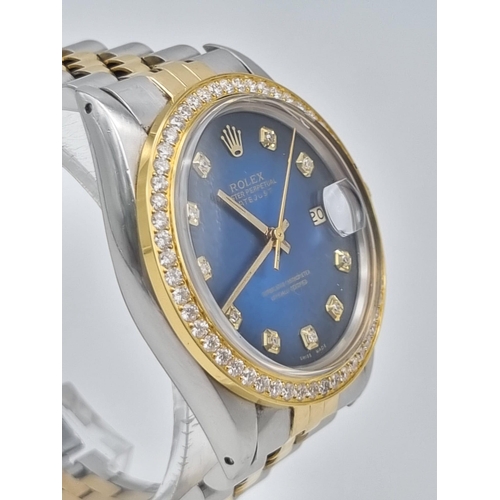 15 - A Deep-Blue Dial Rolex Oyster Perpetual Diamond Datejust Gents Watch. Gold and stainless steel strap... 