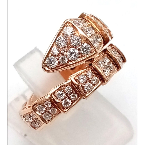 228 - An 18k Rose Gold Bvlgari Serpenti Viper One-Coil Ring. Set With Full Pave Diamonds. Approx. 2ct Bril... 