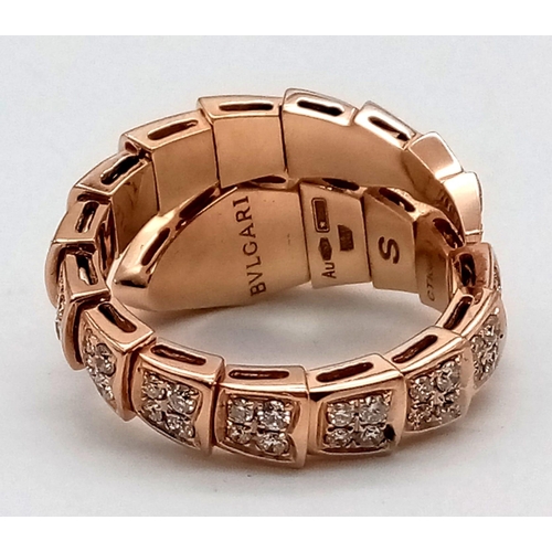 228 - An 18k Rose Gold Bvlgari Serpenti Viper One-Coil Ring. Set With Full Pave Diamonds. Approx. 2ct Bril... 