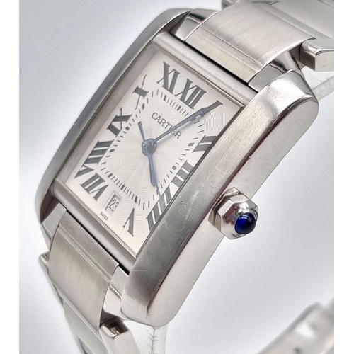 278 - An Automatic Cartier Gents Tank Watch. Stainless steel strap and case. 30 x 33mm. White dial with ro... 