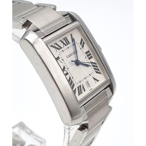 278 - An Automatic Cartier Gents Tank Watch. Stainless steel strap and case. 30 x 33mm. White dial with ro... 