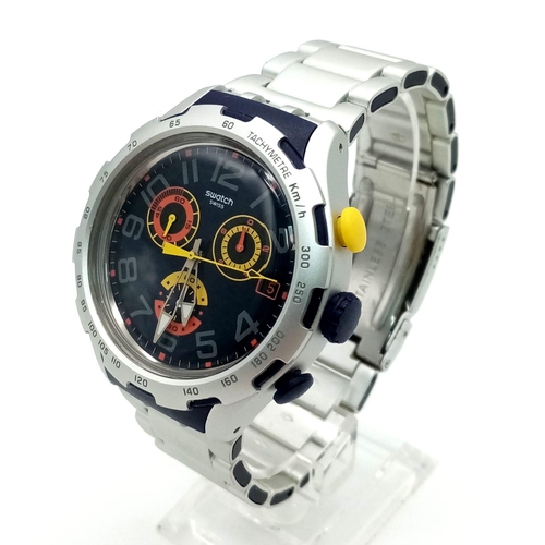 94 - A Swatch Darkony Chronograph Gents Watch. Quartz movement. Black dial with three sub dials. In excel... 