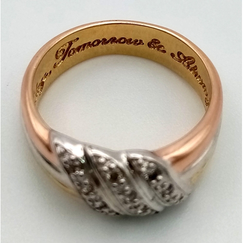 197 - A 14 K three colour gold ring with three crossing over diamond bands and engraved inside: TODAY, TOM... 