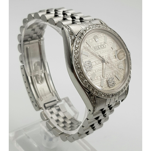 109 - A Stainless Steel and Diamond Rolex. Stainless steel strap. Case - 36mm. Diamond bezel, lugs and num... 