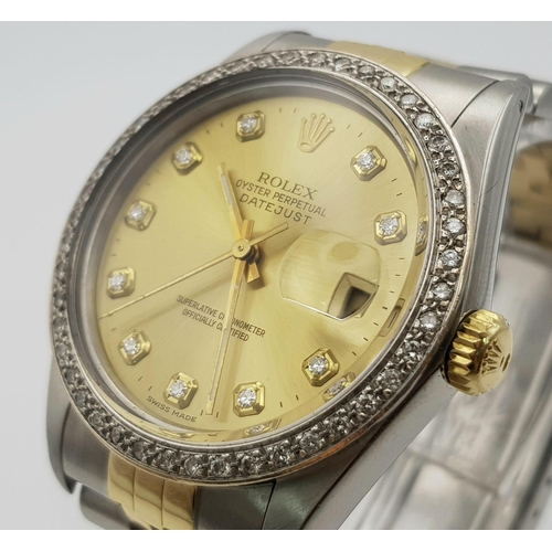 130 - A Rolex Oyster Perpetual Datejust Two-Tone Diamond Gents Watch. Gold and stainless steel strap and c... 