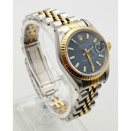 160 - A Midnight-Blue Dial Rolex Oyster Perpetual Datejust Two-Tone Ladies Watch. Gold and steel strap and... 