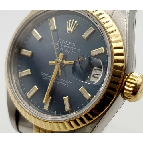 160 - A Midnight-Blue Dial Rolex Oyster Perpetual Datejust Two-Tone Ladies Watch. Gold and steel strap and... 