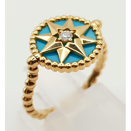 5 - A CHRISTIAN DIOR ROSE DES VENTS RING - 18K YELLOW GOLD DIAMOND & TURQUOISE. SIZE l 1/2 (52) 3.5G.