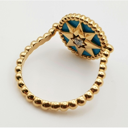 5 - A CHRISTIAN DIOR ROSE DES VENTS RING - 18K YELLOW GOLD DIAMOND & TURQUOISE. SIZE l 1/2 (52) 3.5G.