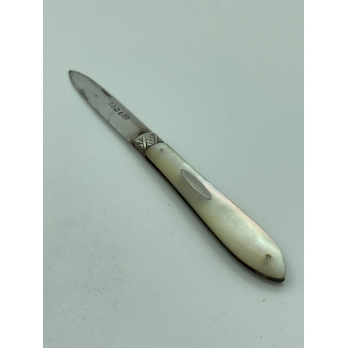 13 - SILVER BLADED FRUIT KNIFE with mother of pearl handle. Clear Hallmark for Hall and Bingham, Birmingh... 