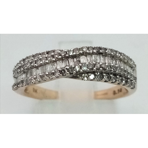 268 - A 9 K yellow gold ring with three twisted bands with diamonds (0.50 carats). Ring size: O, weight: 3... 