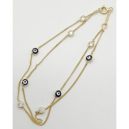 370 - 14K YELLOW GOLD EVIL EYE AND STONE SET DOUBLE BRACELET. LENGTH 18CM. TOTAL WEIGHT 2.7 GRAMS