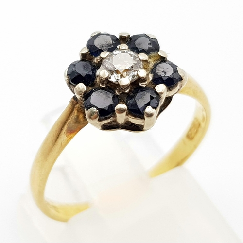 183 - 18K YELLOW GOLD DIAMOND & SAPPHIRE CLUSTER RING  SIZE N. TOTAL WEIGHT 3.2 GRAMS