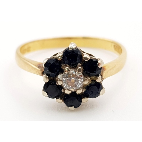 183 - 18K YELLOW GOLD DIAMOND & SAPPHIRE CLUSTER RING  SIZE N. TOTAL WEIGHT 3.2 GRAMS