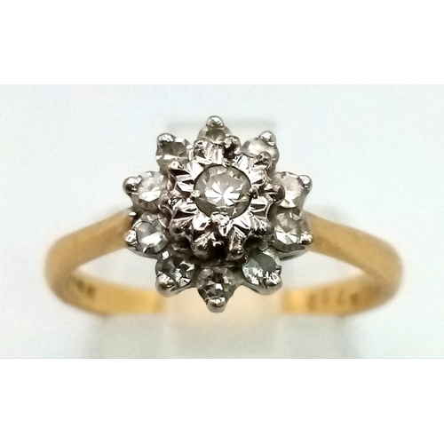 232 - 18K YELLOW GOLD 0.12CT DIAMOND CLUSTER RING. TOTAL WEIGHT 3.3G. RING SIZE M