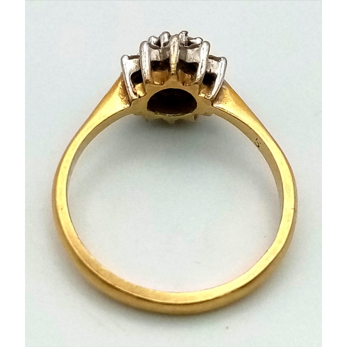 232 - 18K YELLOW GOLD 0.12CT DIAMOND CLUSTER RING. TOTAL WEIGHT 3.3G. RING SIZE M