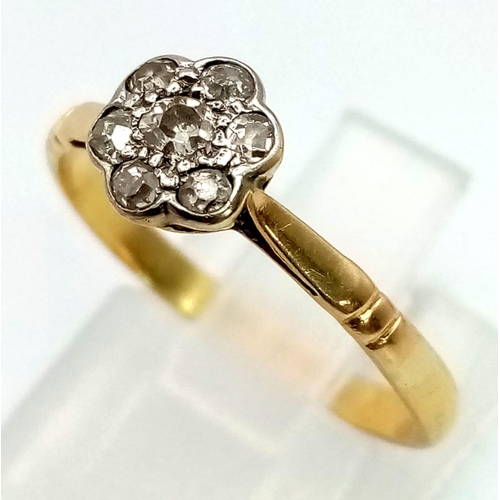 363 - A VINTAGE 18K YELLOW GOLD DIAMOND CLUSTER RING. 0.15CT  DIAMONDS. TOTAL WEIGTH 2.1 GRAMS. RING SIZE ... 