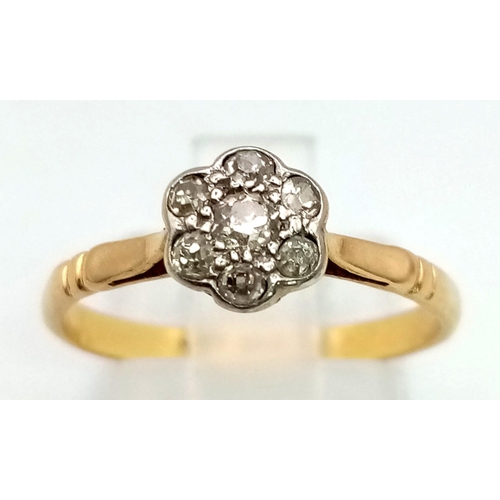 363 - A VINTAGE 18K YELLOW GOLD DIAMOND CLUSTER RING. 0.15CT  DIAMONDS. TOTAL WEIGTH 2.1 GRAMS. RING SIZE ... 