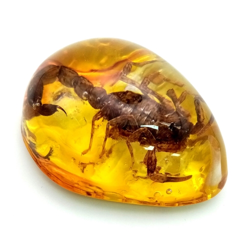 870 - A Scary Looking Scorpion Trapped In Amber Coloured Resin. Pendant or small paperweight. 6cm