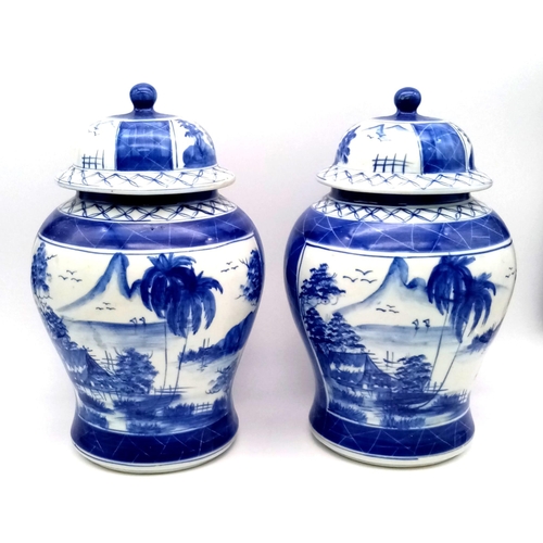 374 - A Pair of Vintage possibly Antique Chinese Porcelain Blue and White Large Jars with Lids. Hand-paint... 