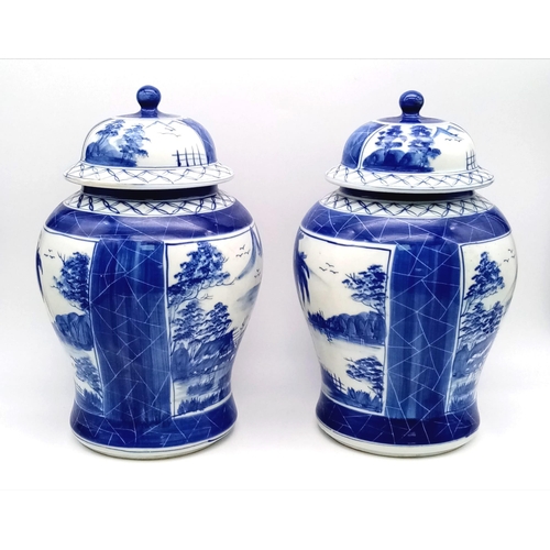 374 - A Pair of Vintage possibly Antique Chinese Porcelain Blue and White Large Jars with Lids. Hand-paint... 