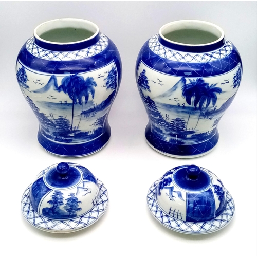 374 - A Pair of Vintage possibly Antique Chinese Porcelain Blue and White Large Jars with Lids. Hand-paint... 