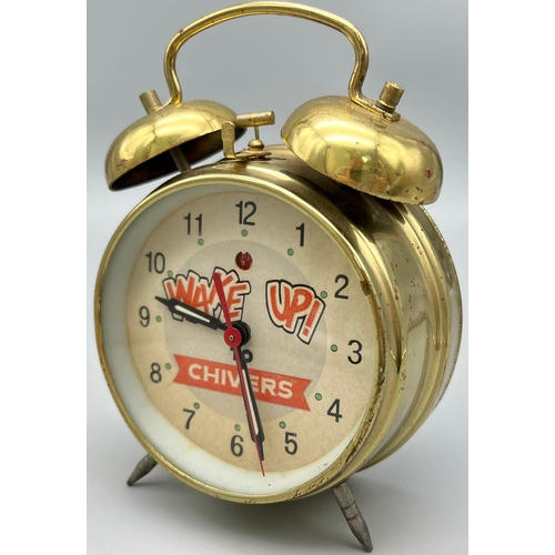 863 - A VINATGE WAKE UP! TO CHIVERS DOUBLE BELL ALARM CLOCK. AS FOUND. HEIGHT 18CM