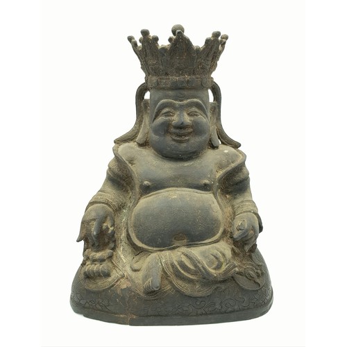 1 - A MING DYNASTY FIGURE OF A BUDAI IN BRONZE (1368-1644) A JOVIAL BRONZE CROWNED FIGURE SEATED IN RAJA... 