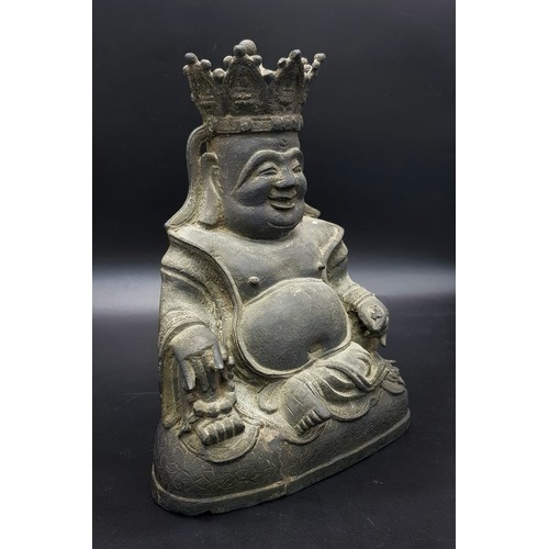 1 - A MING DYNASTY FIGURE OF A BUDAI IN BRONZE (1368-1644) A JOVIAL BRONZE CROWNED FIGURE SEATED IN RAJA... 