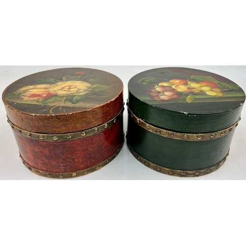 231 - An amazing pair of antique, wooden, hand painted, round, hat boxes. Probably late Victorian in age t... 