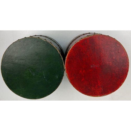 231 - An amazing pair of antique, wooden, hand painted, round, hat boxes. Probably late Victorian in age t... 