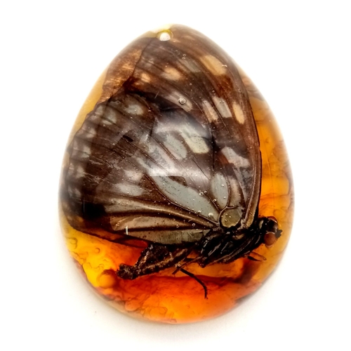 294 - Two amber resin large cabochons, one with a butterfly and the other one with another insect.