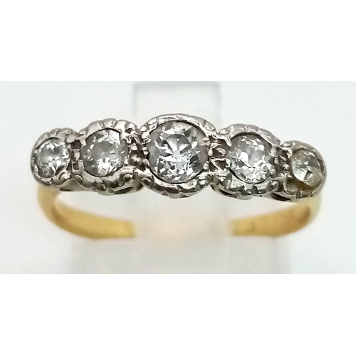 515 - An Antique 18K Yellow Gold Five Stone Diamond Ring. Five brilliant round cut diamonds. Size M. 2.72g... 