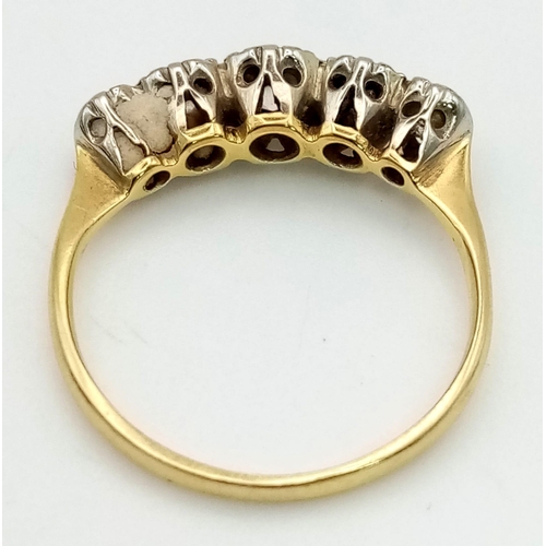 515 - An Antique 18K Yellow Gold Five Stone Diamond Ring. Five brilliant round cut diamonds. Size M. 2.72g... 