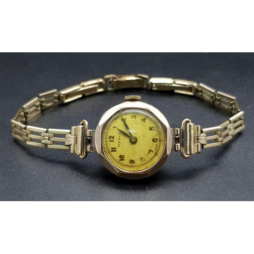 1023 - A Vintage 9K Gold Cased Ladies Menex Watch. Mechanical movement. 14.24g total weight. In working ord... 