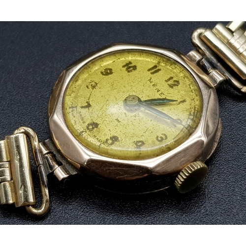 1023 - A Vintage 9K Gold Cased Ladies Menex Watch. Mechanical movement. 14.24g total weight. In working ord... 