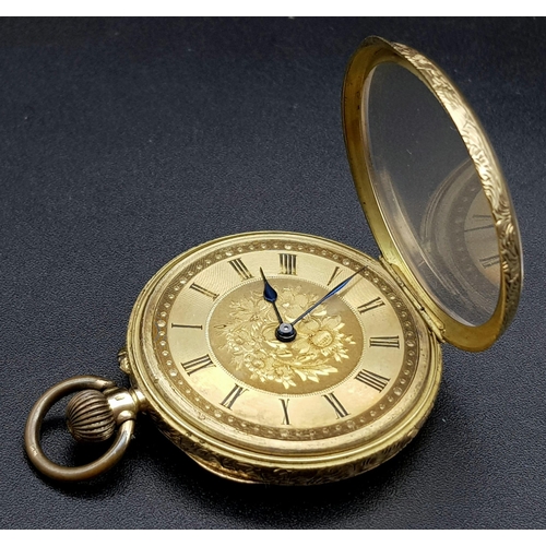 32 - A Beautiful Antique 18K Gold Cased Ladies Pocket Watch. Chased decoration throughout. Inscription fr... 