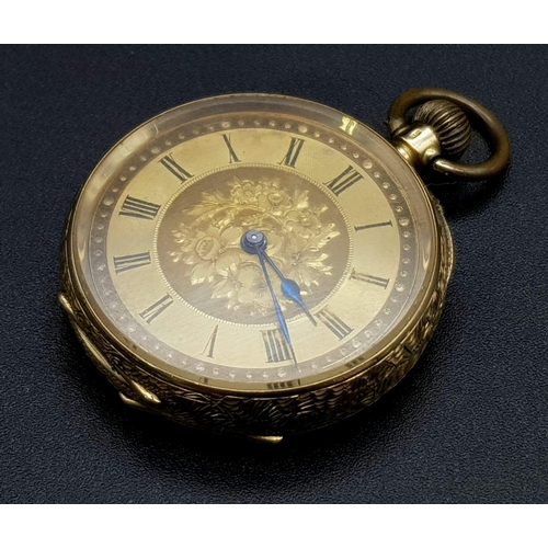 32 - A Beautiful Antique 18K Gold Cased Ladies Pocket Watch. Chased decoration throughout. Inscription fr... 