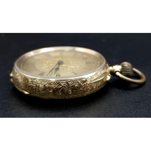 32 - A Beautiful Antique 18K Gold Cased Ladies Pocket Watch. Chased decoration throughout. Inscription fr... 