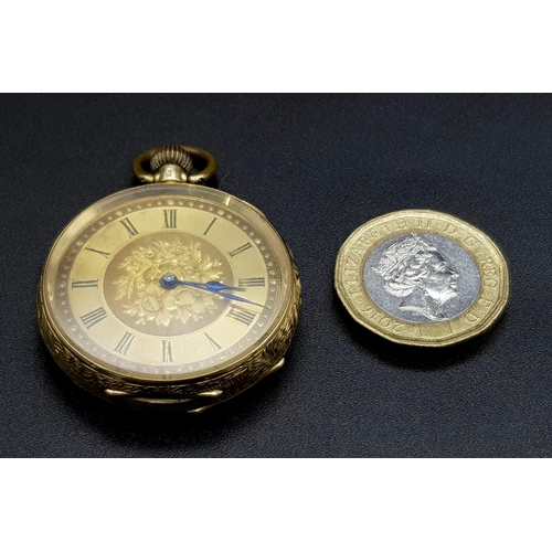 32 - A Beautiful Antique 18K Gold Cased Ladies Pocket Watch. Chased decoration throughout. Inscription fr... 