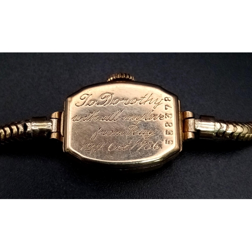 538 - A Vintage 9K Gold Cased Ladies Watch. Mechanical movement in working order but because of age no gua... 