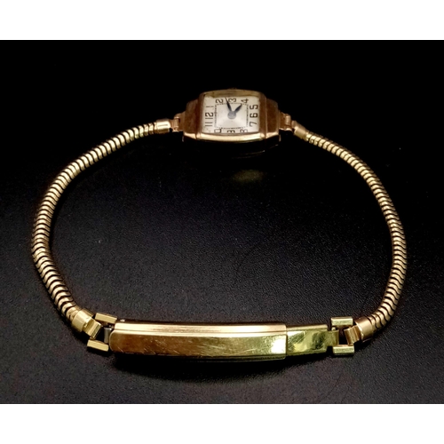 538 - A Vintage 9K Gold Cased Ladies Watch. Mechanical movement in working order but because of age no gua... 