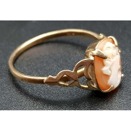 729 - A Vintage 9K Yellow Gold Cameo Ring. Size P. 1.47g.